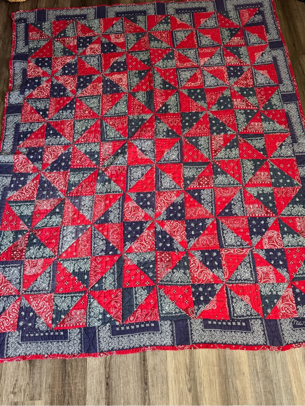 Vintage 1976 with signature Red & Blue Patchwork Quilt